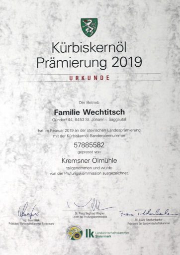 Prämiertes steirisches Kürbiskernöl 2019