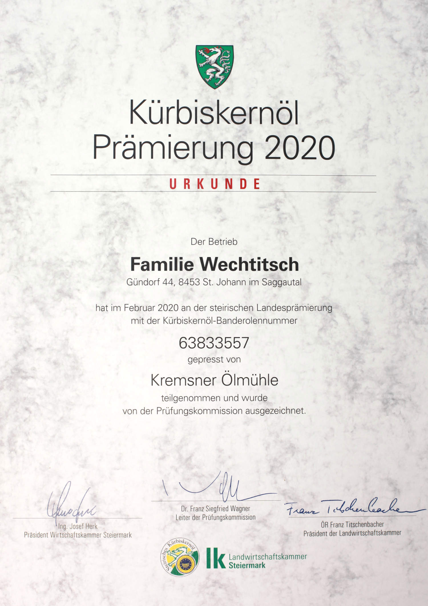 steirisches Kürbiskernöl ggA-Prämierung 2020
