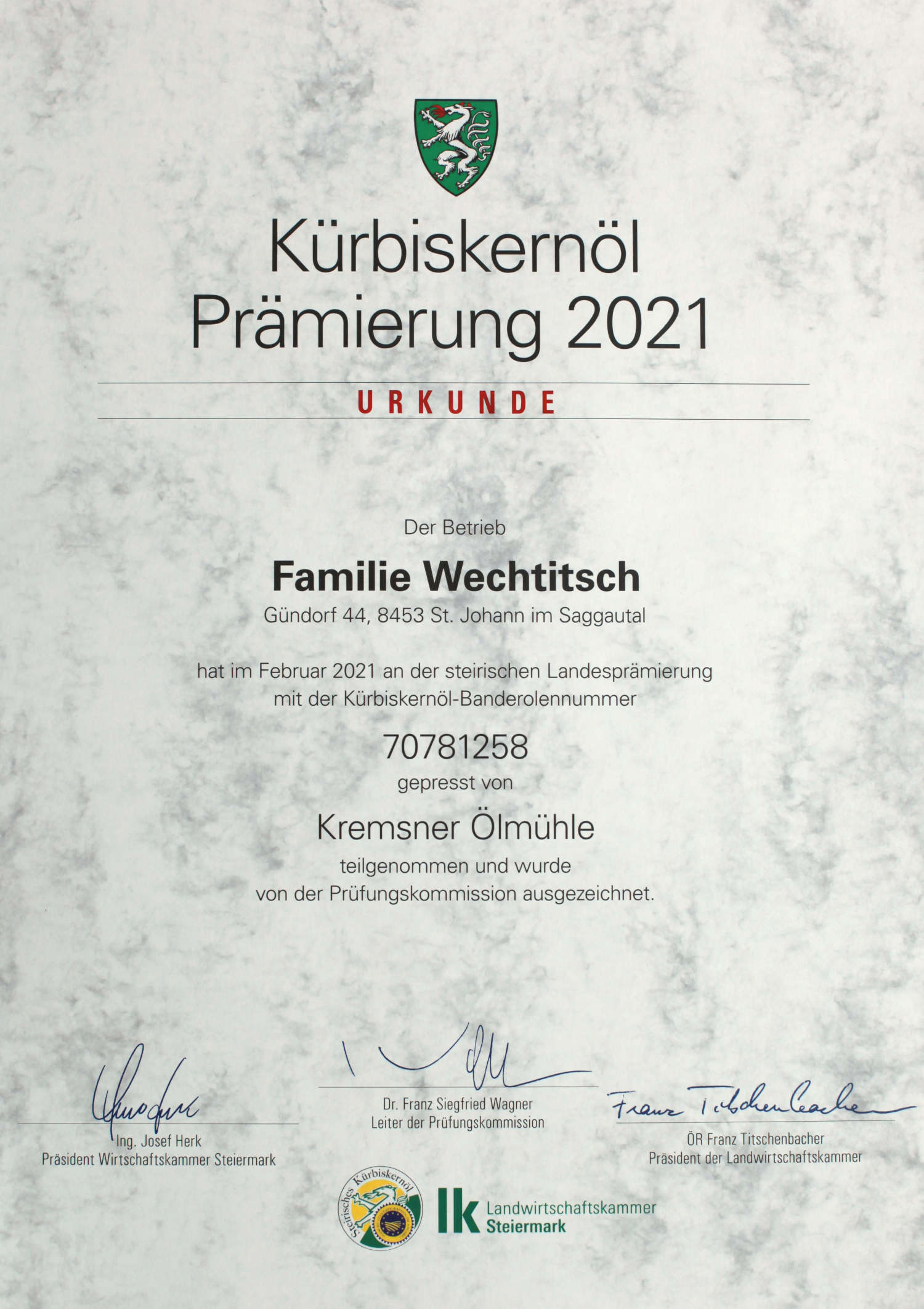 steirisches Kürbiskernöl ggA-Prämierung 2021