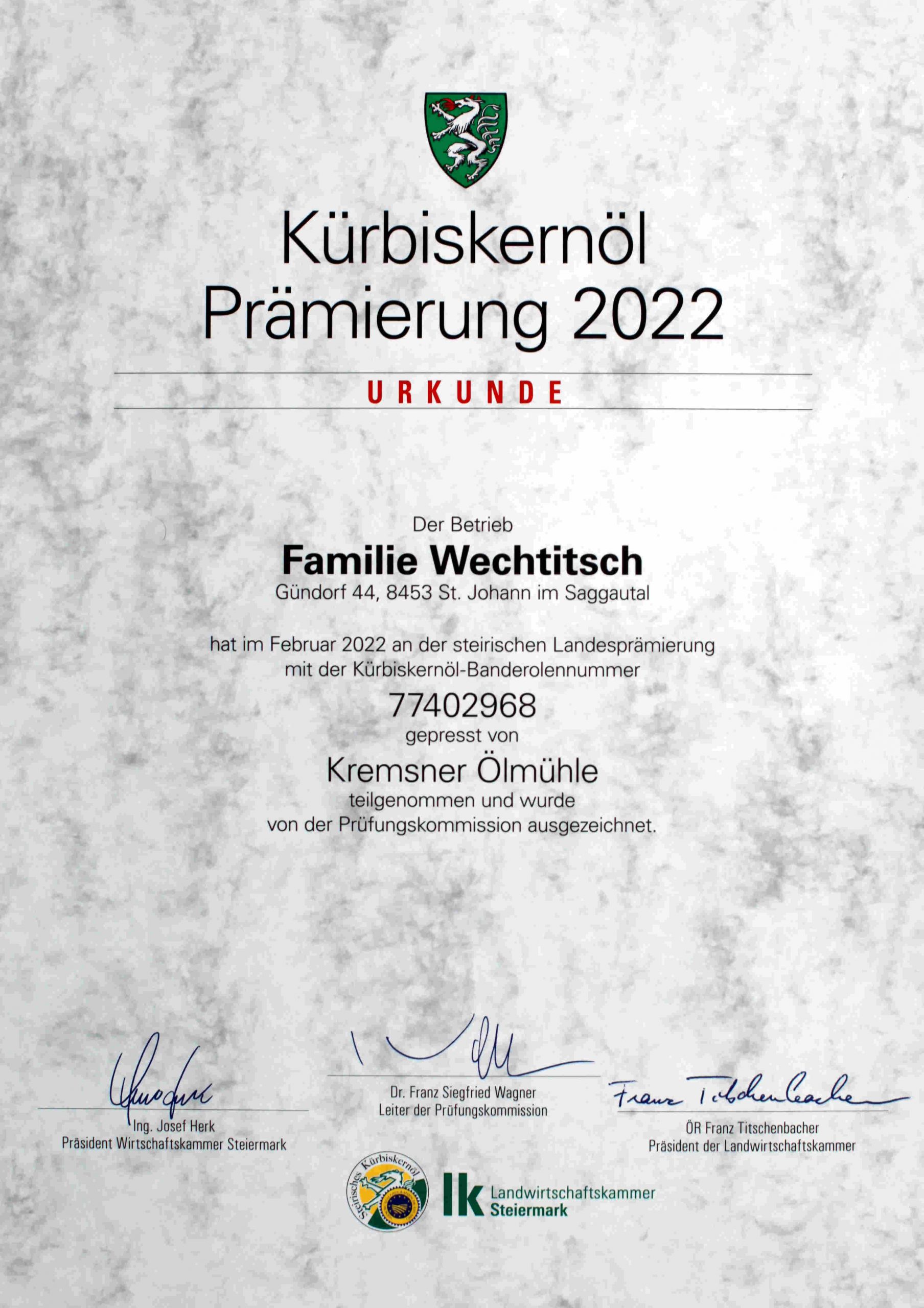 steirisches Kürbiskernöl ggA-Prämierung 2022