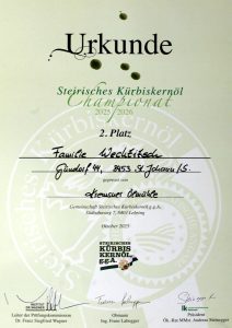 2. Platz beim Steirischen Kürbiskernöl Championat 2025/2026 für Familie Wechtitsch