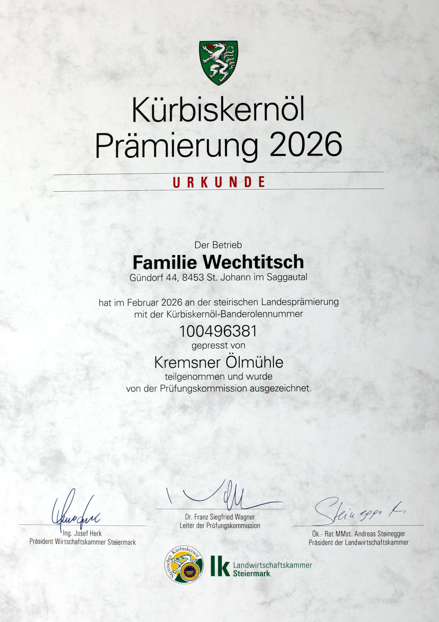Urkunde der Kürbiskernöl-Prämierung 2026 für Familie Wechtitsch aus St. Johann im Saggautal