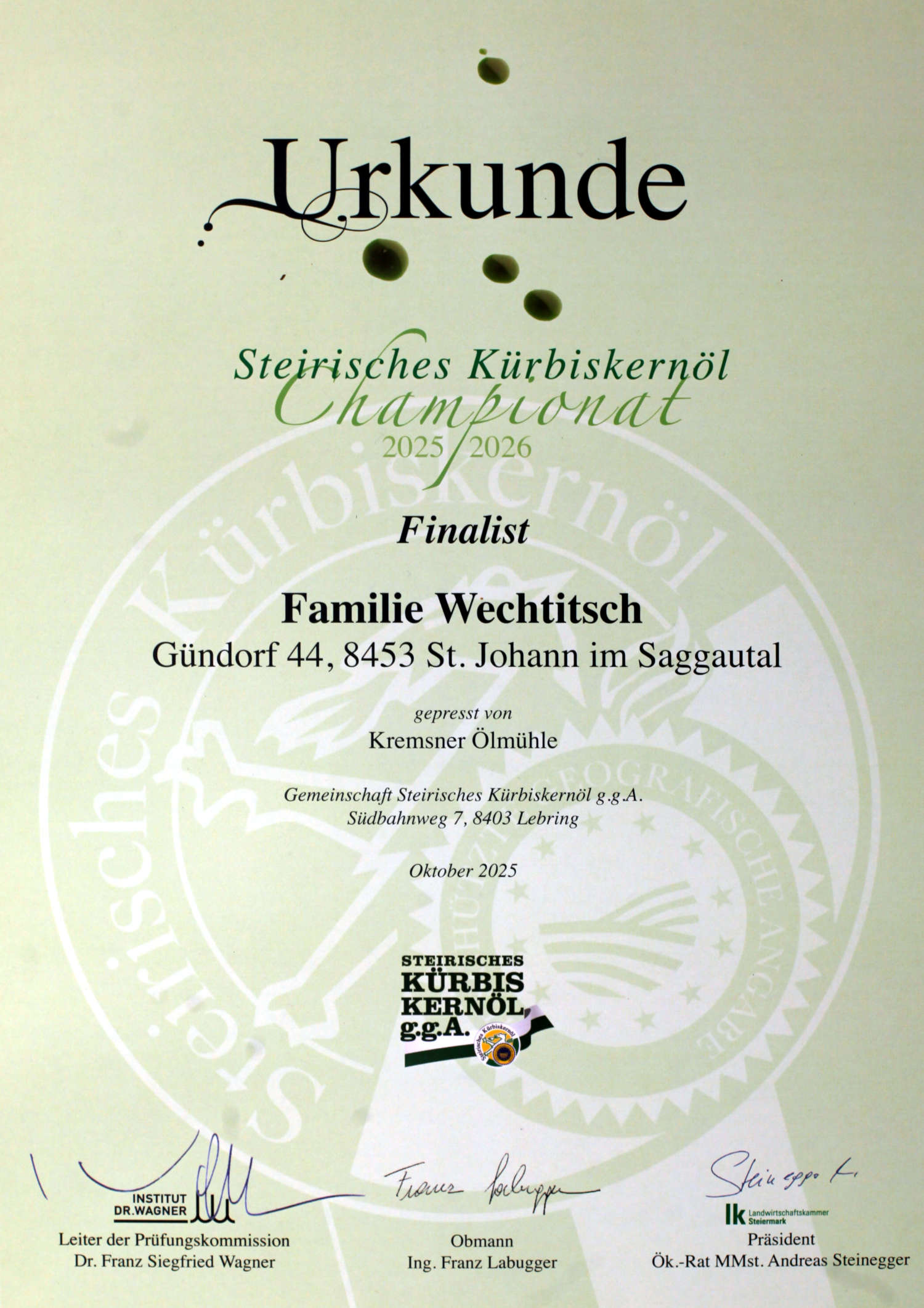 Steirisches Kürbiskernöl Championat 2025 2026